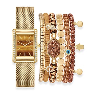 Women's Shiny Gold Tone Mesh Strap 33mm Analog Watch & Coordinating, Stackable Bracelet Set