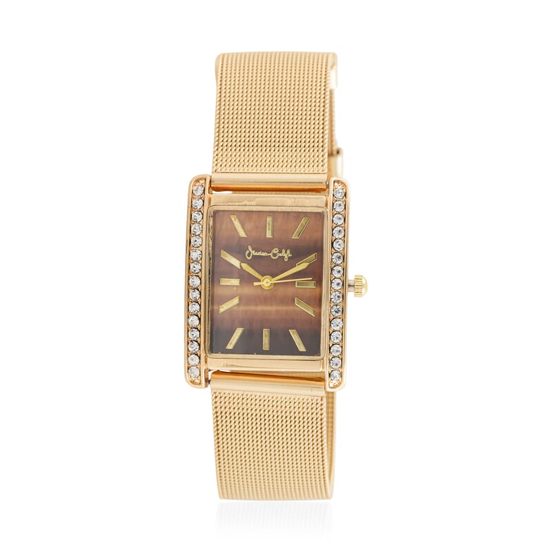 Jessica Carlyle Women's Shiny Gold Tone Mesh Strap 33mm Analog Watch & Coordinating, Stackable Bracelet Set