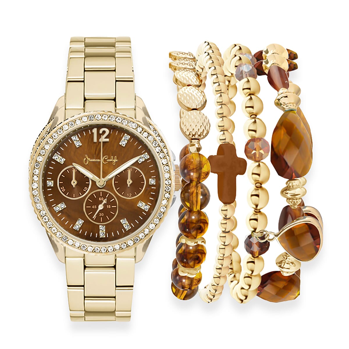 Jessica Carlyle Women's Shiny Gold Tone Metal Alloy Bracelet 34mm Analog Watch & Coordinating, Stackable Bracelet Set image number 0