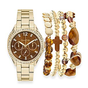 Women's Shiny Gold Tone Metal Alloy Bracelet 34mm Analog Watch & Coordinating, Stackable Bracelet Set