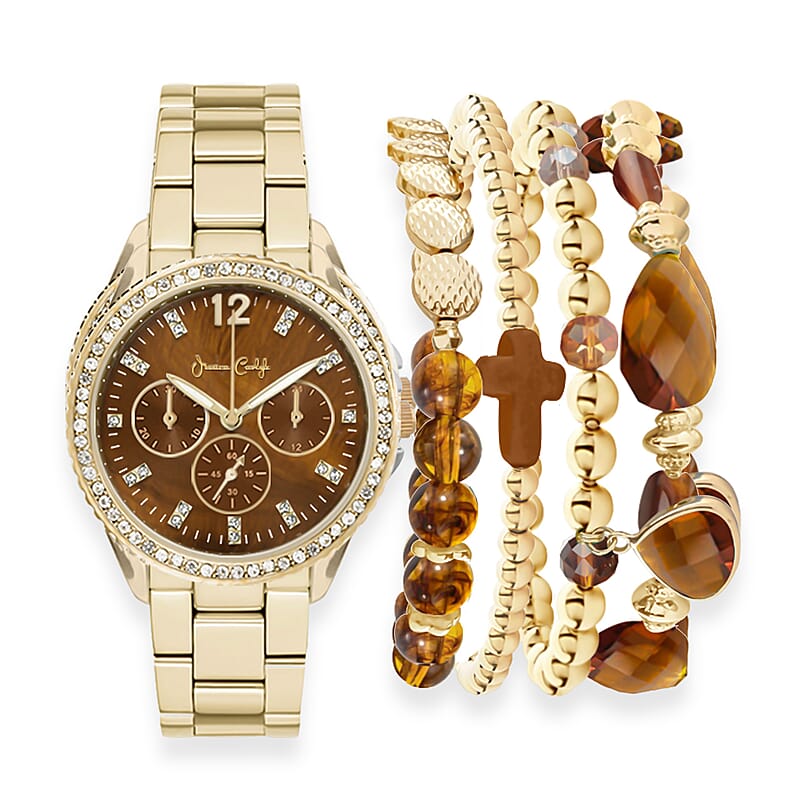 Jessica Carlyle Women's Shiny Gold Tone Metal Alloy Bracelet 34mm Analog Watch & Coordinating, Stackable Bracelet Set