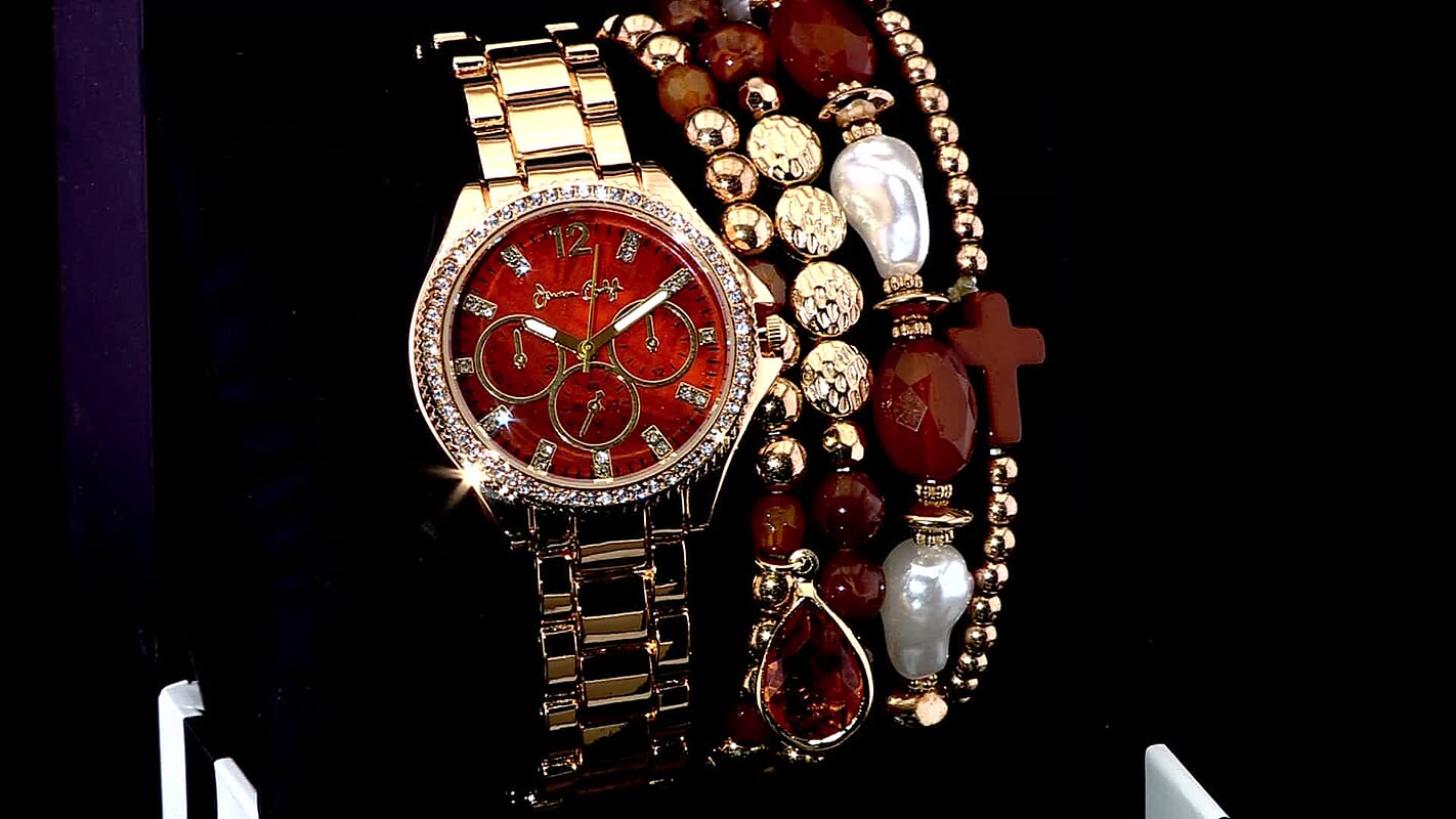 Jessica Carlyle Women's Shiny Gold Tone Metal Alloy Bracelet 34mm Analog Watch & Coordinating, Stackable Bracelet Set