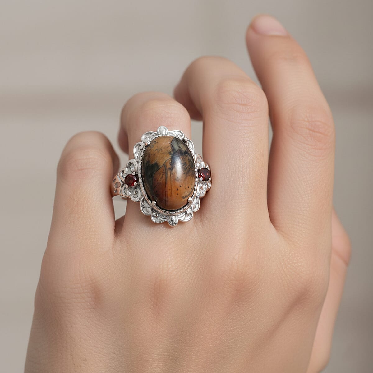 EverTrue Venus Jasper and Mozambique Garnet 6.00 ctw Ring in Stainless Steel (Size 6.0) image number 2