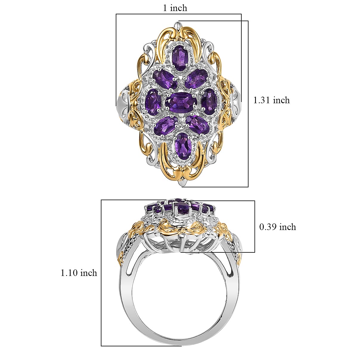 EverTrue African Amethyst 2.25 ctw Ring in 18K YG Plated and Platinum Bond (Size 10.0)