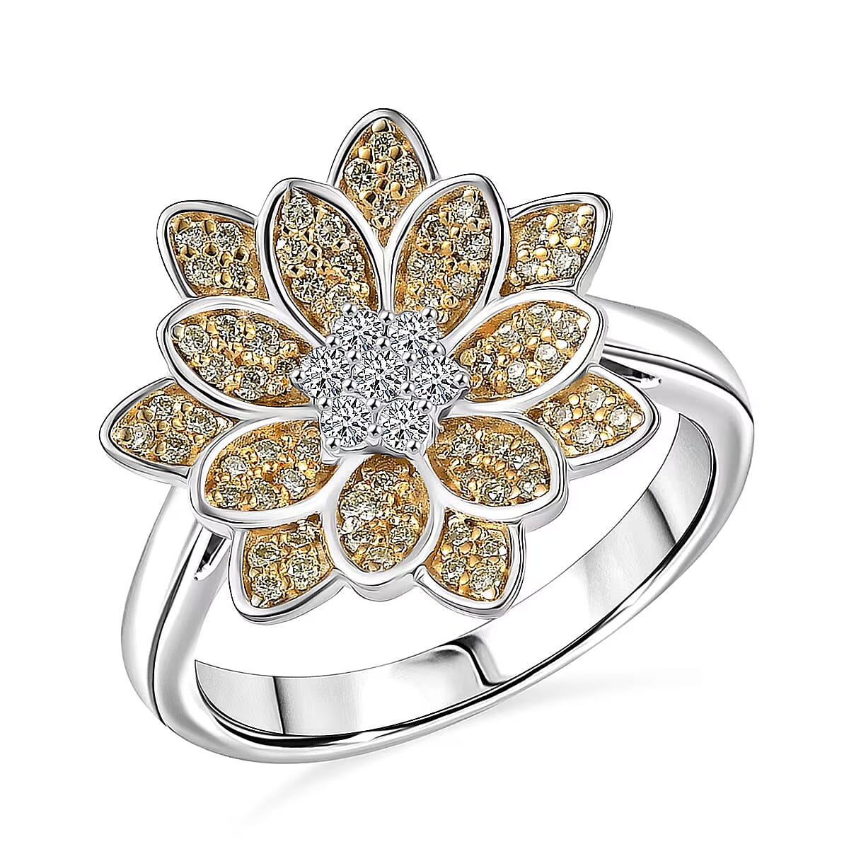 Luxuriant Lab Grown Diamond and Lab Grown Yellow Diamond (IR) SI 0.50 ctw Sunflower Radiance Ring in Rhodium Over Sterling Silver (Size 5.0)  image number 0