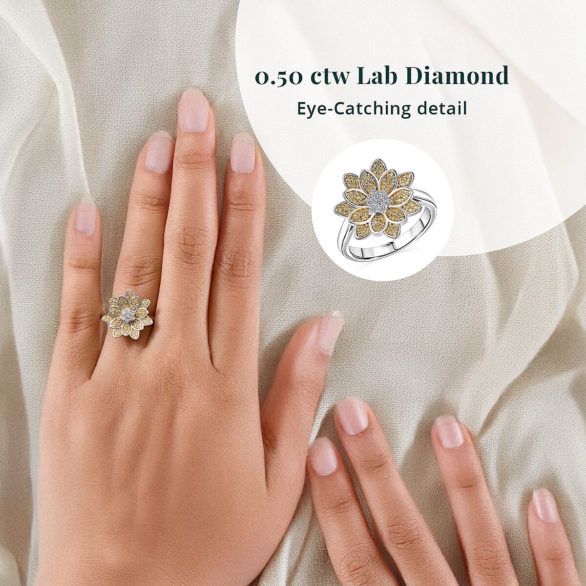 Luxuriant Lab Grown Diamond and Lab Grown Yellow Diamond (IR) SI 0.50 ctw Sunflower Radiance Ring in Rhodium Over Sterling Silver (Size 5.0)  image number 1