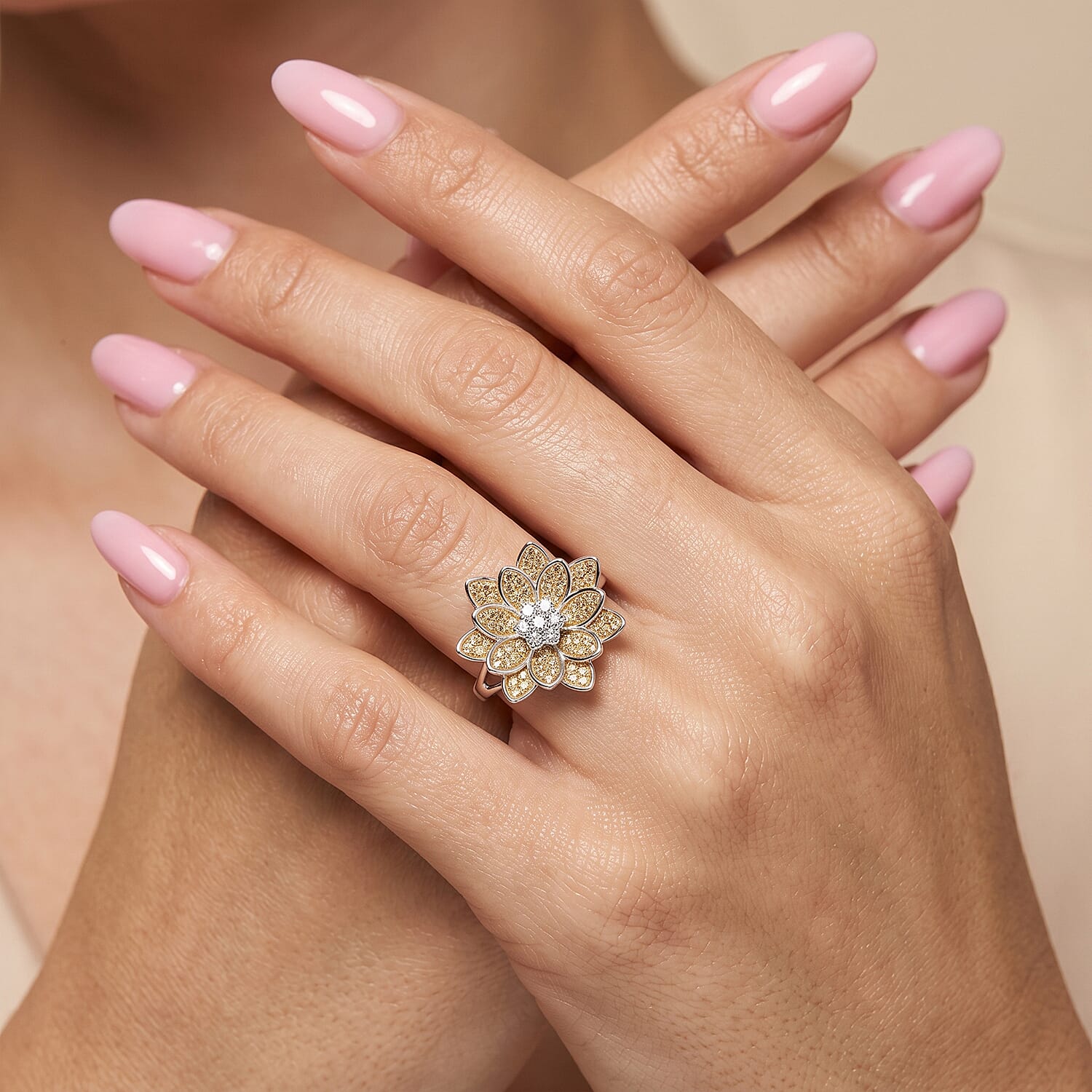 Luxuriant Lab Grown Diamond and Lab Grown Yellow Diamond (IR) SI 0.50 ctw Sunflower Radiance Ring in Rhodium Over Sterling Silver (Size 5.0) 