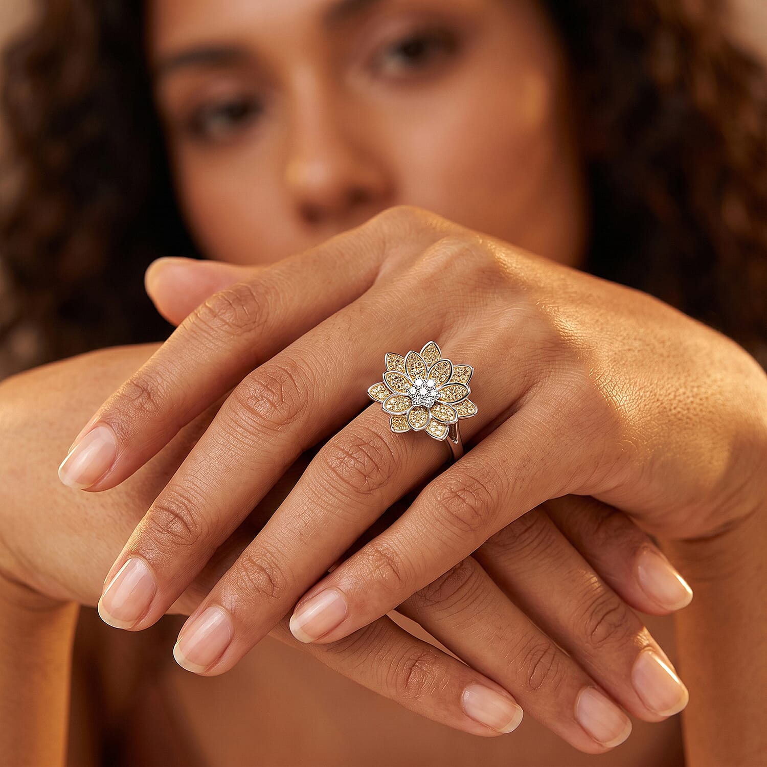 Luxuriant Lab Grown Diamond and Lab Grown Yellow Diamond (IR) SI 0.50 ctw Sunflower Radiance Ring in Rhodium Over Sterling Silver (Size 5.0) 