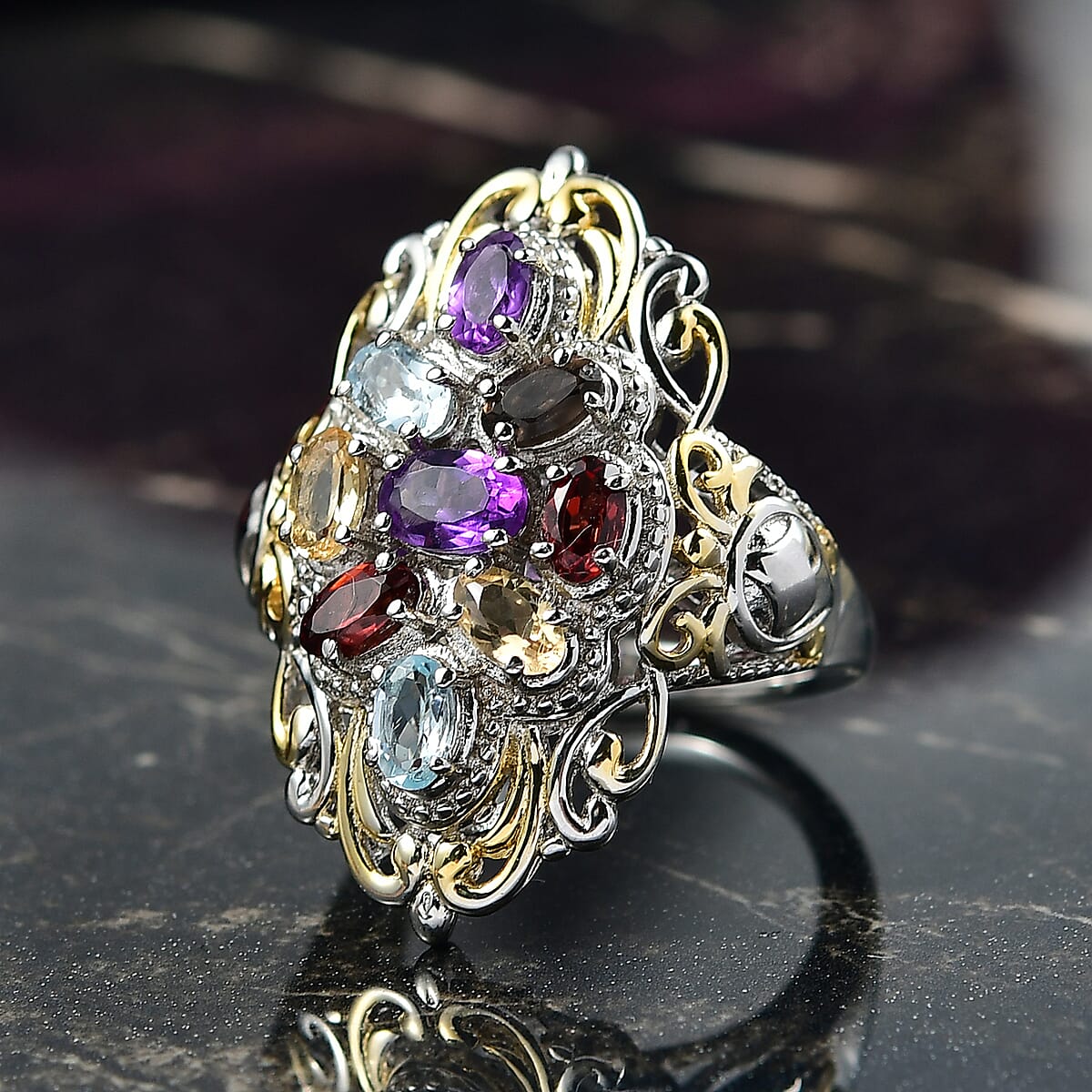 EverTrue Multi Gemstone Ring in 18K YG Plated and Platinum Bond (Size 5.0) 2.40 ctw image number 1