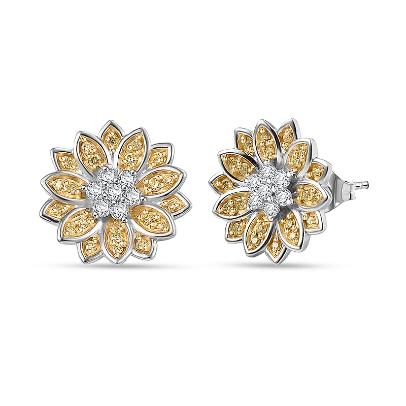 Luxuriant Lab Grown Diamond and Lab Grown Yellow Diamond (IR) (SI) 0.50 ctw Sunflower Radiance Earrings in Rhodium Over Sterling Silver