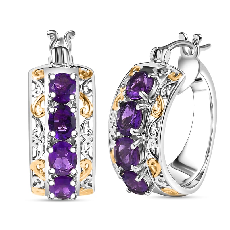EverTrue African Amethyst 2.60 ctw Hoop Earrings in 18K YG Plated and Platinum Bond
