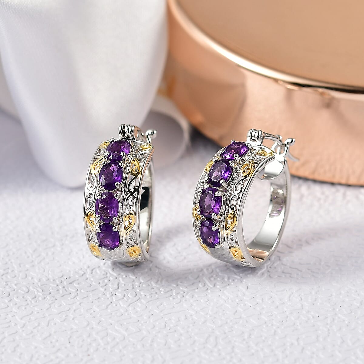 EverTrue African Amethyst Hoop Earrings in 18K YG Plated and Platinum Bond 2.60 ctw image number 1