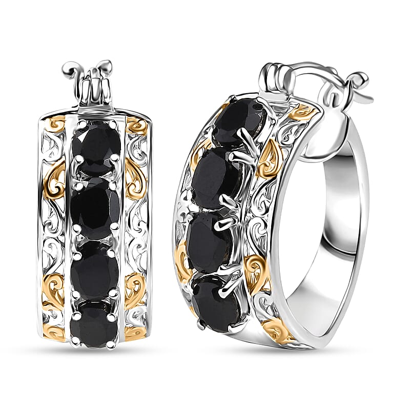 EverTrue Thai Black Spinel 3.85 ctw Hoop Earrings in 18K YG Plated and Platinum Bond