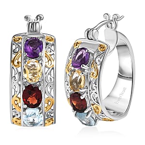 EverTrue Multi Gemstone 3.20 ctw Hoop Earrings in 18K YG Plated and Platinum Bond