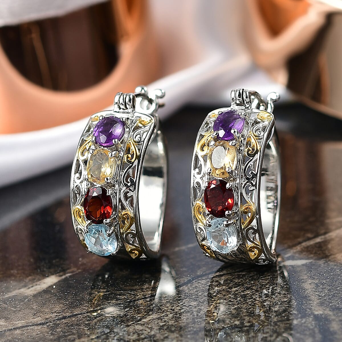 EverTrue Multi Gemstone 3.20 ctw Hoop Earrings in 18K YG Plated and Platinum Bond image number 1
