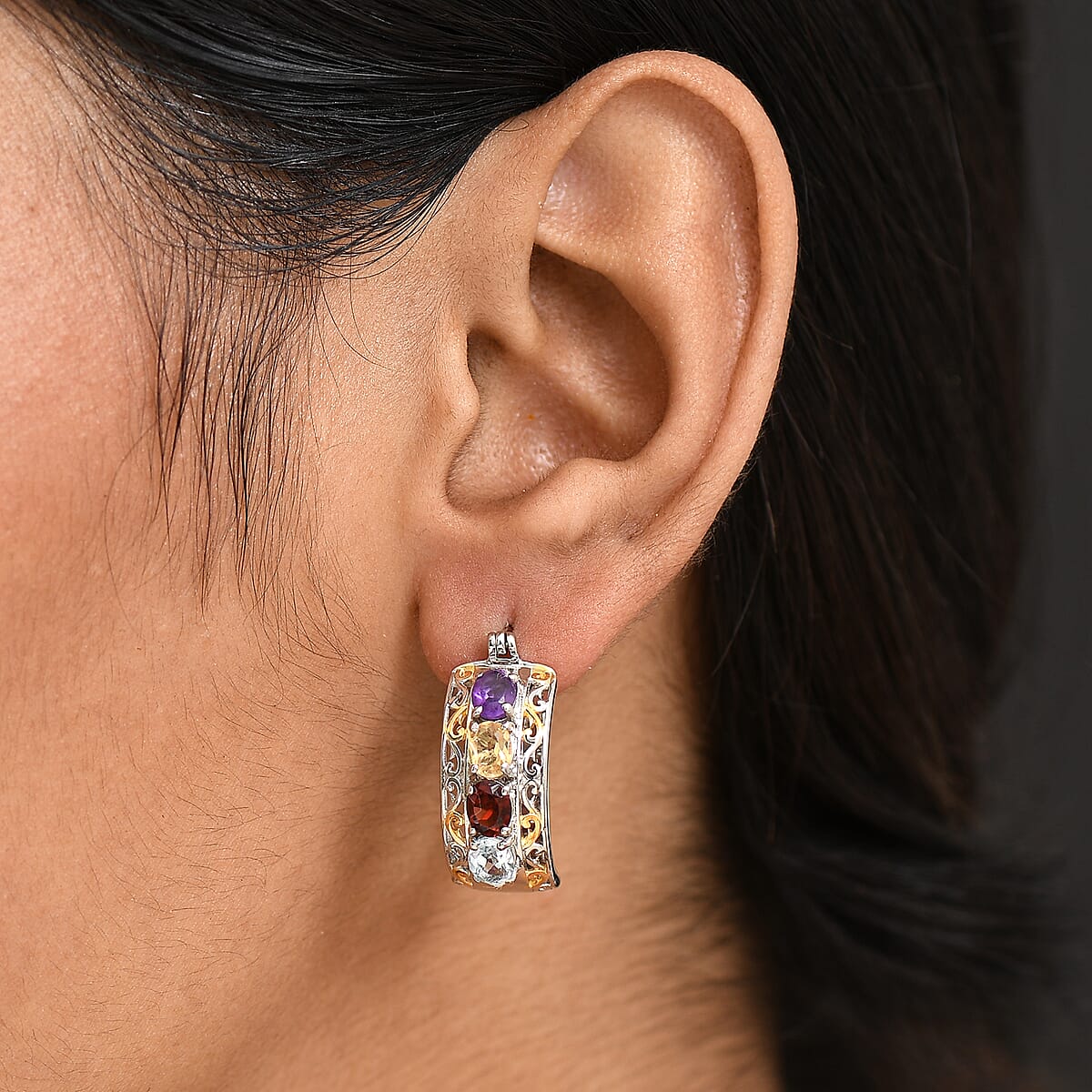 EverTrue Multi Gemstone 3.20 ctw Hoop Earrings in 18K YG Plated and Platinum Bond image number 2