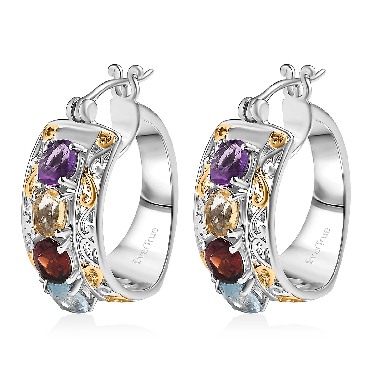 EverTrue Multi Gemstone 3.20 ctw Hoop Earrings in 18K YG Plated and Platinum Bond image number 3