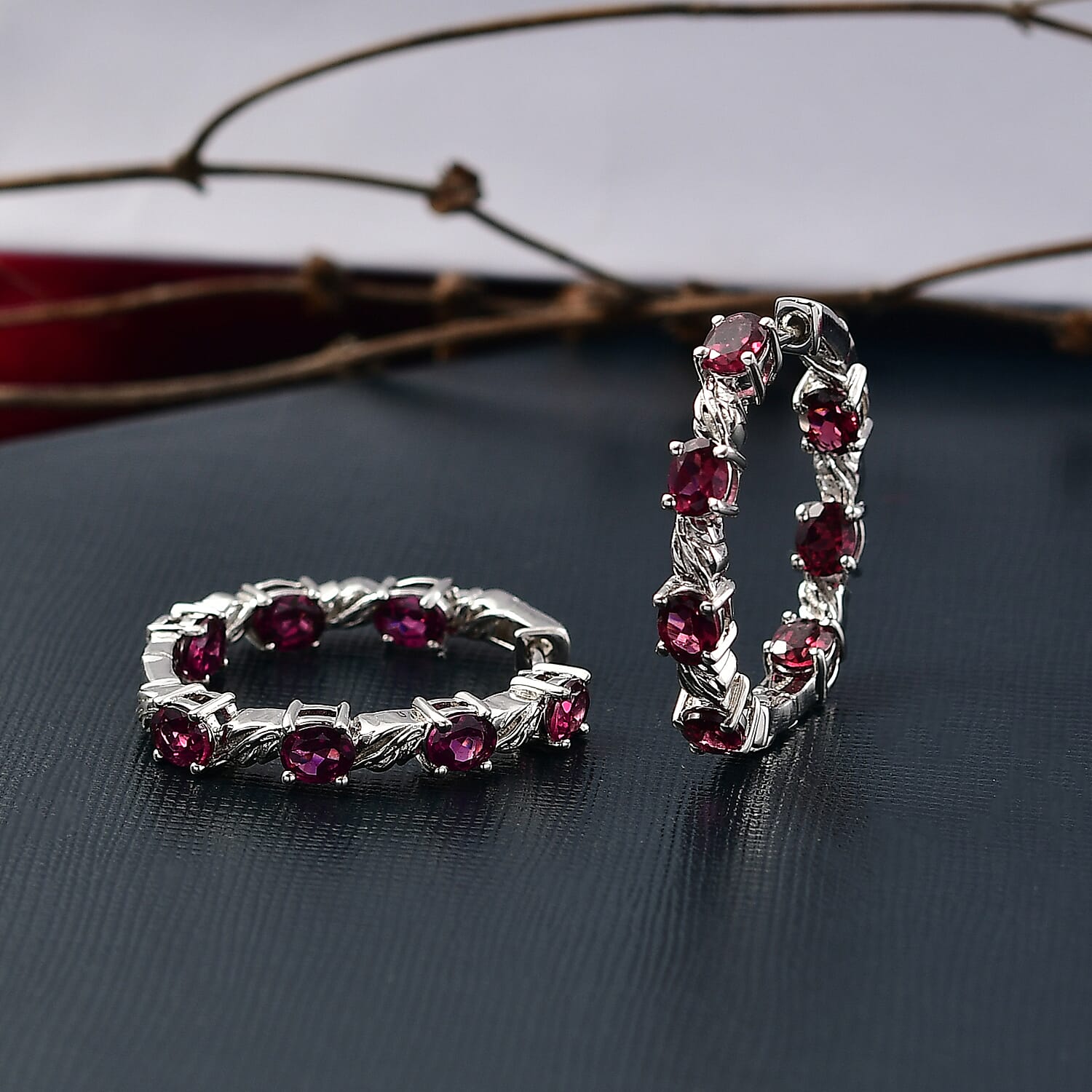 EverTrue Orissa Rhodolite Garnet 6.50 ctw Twilight Leaf Glow Hoop Earrings in Platinum Bond