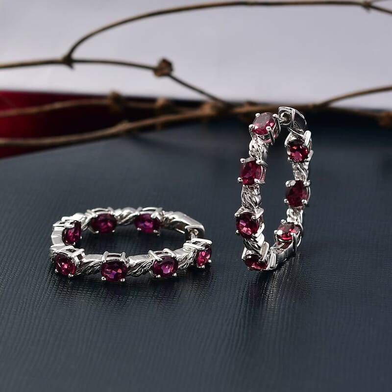 EverTrue Orissa Rhodolite Garnet 6.50 ctw Twilight Leaf Glow Hoop Earrings in Platinum Bond