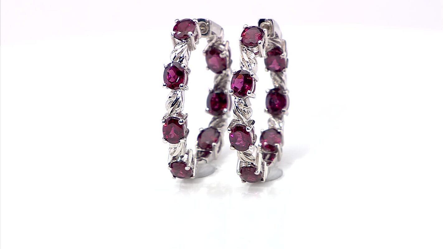 EverTrue Orissa Rhodolite Garnet 6.50 ctw Twilight Leaf Glow Hoop Earrings in Platinum Bond