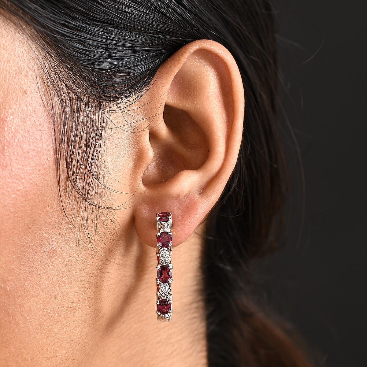EverTrue Orissa Rhodolite Garnet 6.50 ctw Hoop Earrings in Platinum Bond image number 2