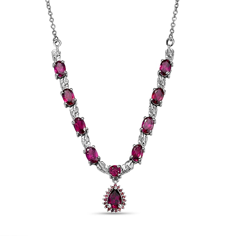 EverTrue Orissa Rhodolite Garnet 6.25 ctw Twilight Leaf Glow Necklace in Platinum Bond and Stainless Steel 18 Inches