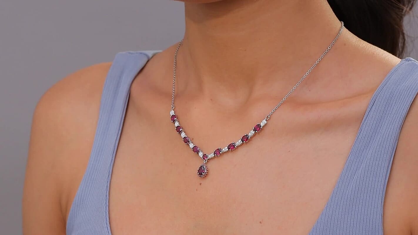 EverTrue Orissa Rhodolite Garnet 6.25 ctw Twilight Leaf Glow Necklace in Platinum Bond and Stainless Steel 18 Inches