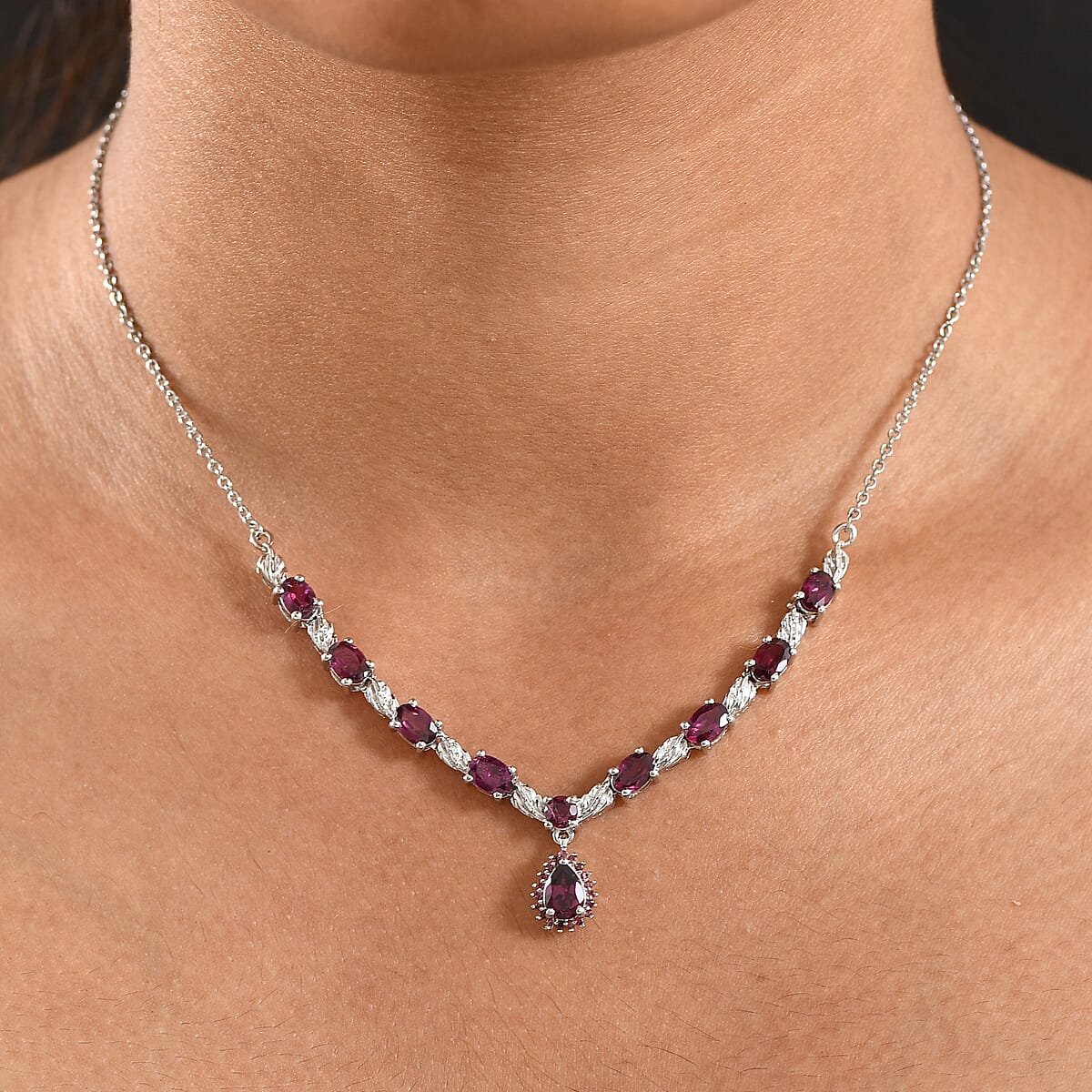 EverTrue Orissa Rhodolite Garnet 6.25 ctw Necklace in Platinum Bond and Stainless Steel 18 Inches image number 2