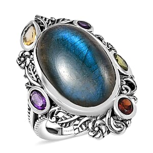Doorbuster D'Joy Artisan Crafted Malagasy Labradorite and Multi Gemstone 13.30 ctw Ring in Sterling Silver (Size 10.0)