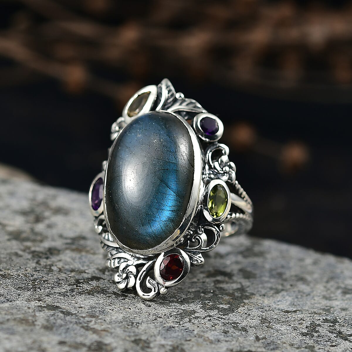 Doorbuster D'Joy Artisan Crafted Malagasy Labradorite and Multi Gemstone 13.30 ctw Ring in Sterling Silver (Size 10.0) image number 1