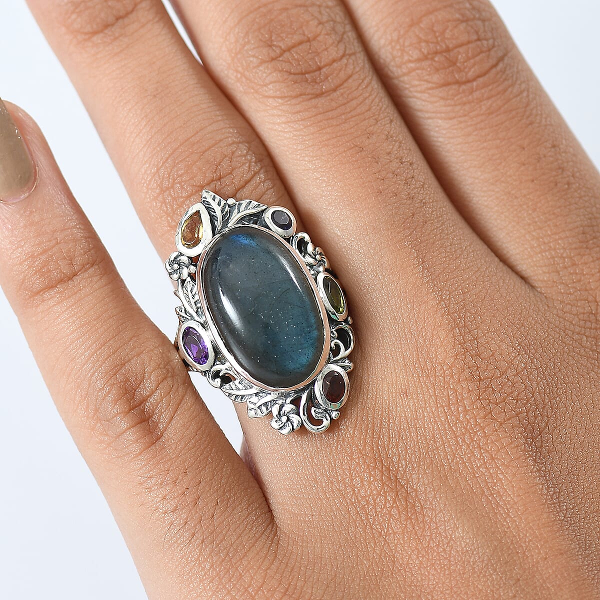 Doorbuster D'Joy Artisan Crafted Malagasy Labradorite and Multi Gemstone 13.30 ctw Ring in Sterling Silver (Size 10.0) image number 2