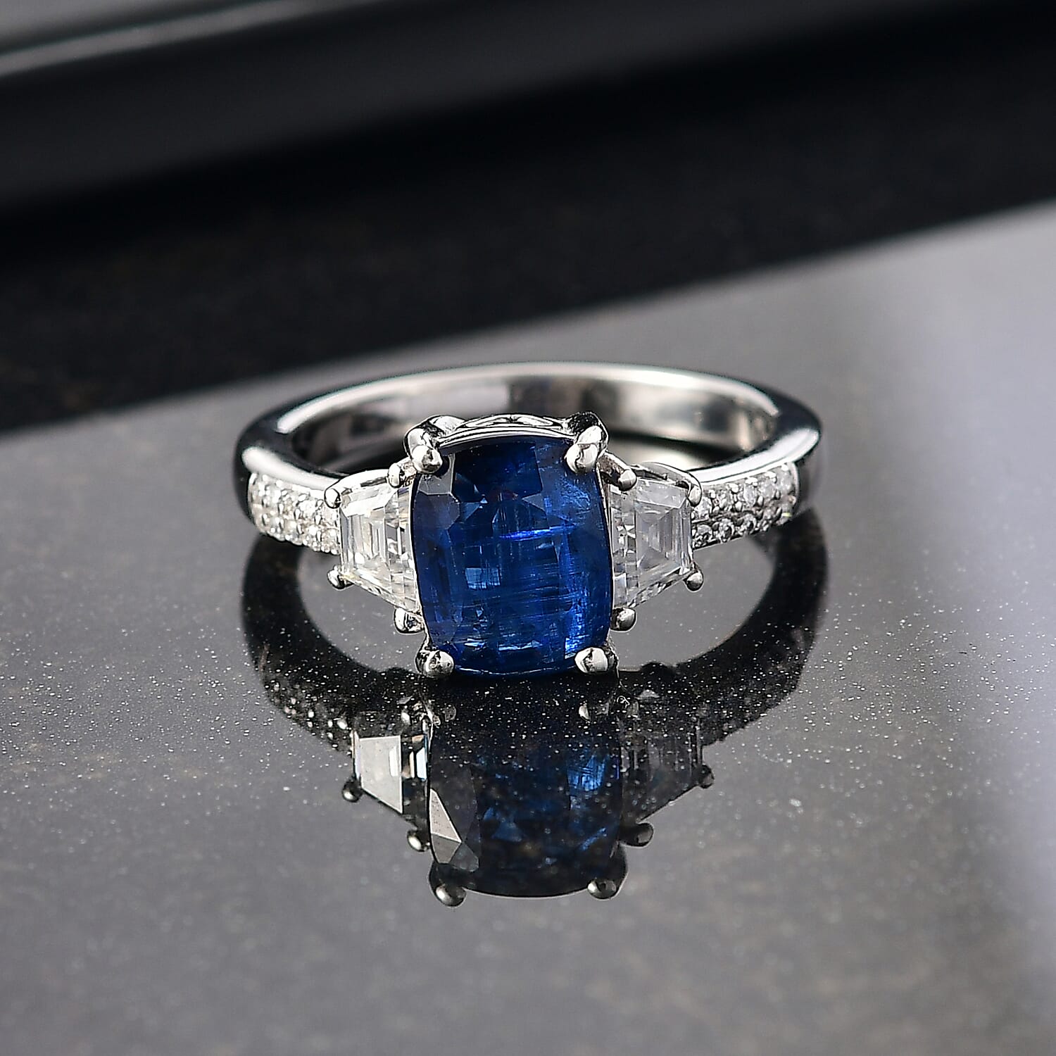 D'Joy Premium Kashmir Kyanite and Moissanite 3.15 ctw The Midnight Tide Ring in Rhodium Over Sterling Silver (Size 10.0)