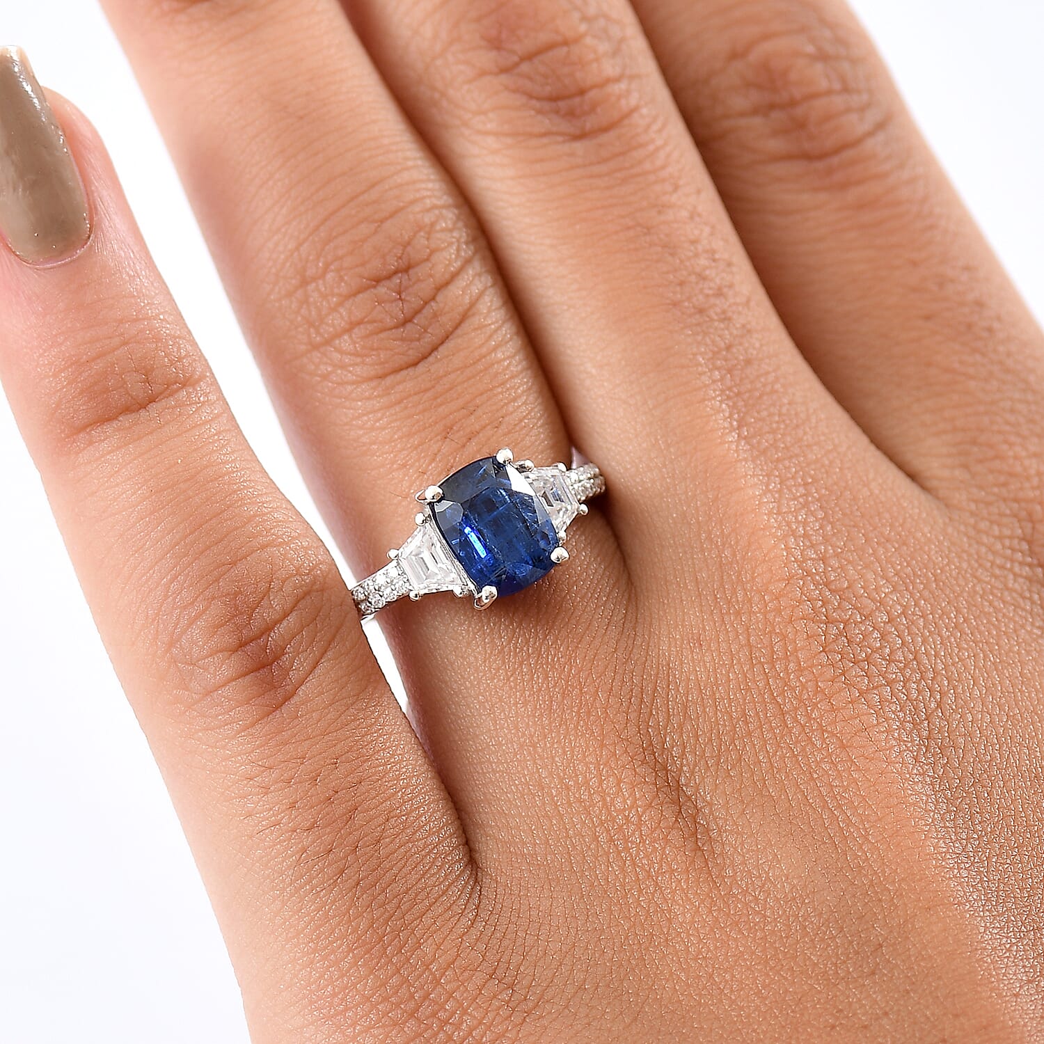 D'Joy Premium Kashmir Kyanite and Moissanite 3.15 ctw The Midnight Tide Ring in Rhodium Over Sterling Silver (Size 10.0)