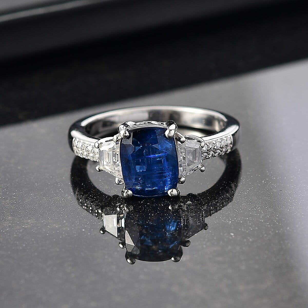 D'Joy Premium Kashmir Kyanite and Moissanite 3.15 ctw The Midnight Tide Ring in Rhodium Over Sterling Silver (Size 7.0) image number 1