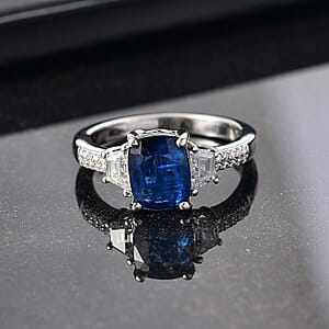 D'Joy Premium Kashmir Kyanite and Moissanite 3.15 ctw The Midnight Tide Ring in Rhodium Over Sterling Silver (Size 7.0)