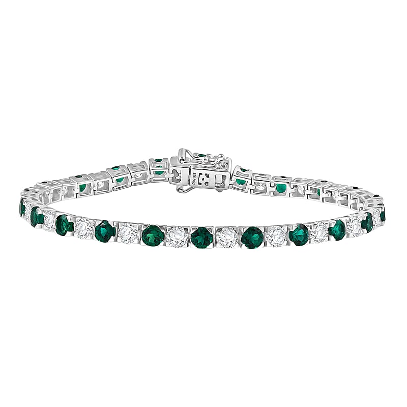 D'Joy Lab Grown Emerald and Moissanite 10.10 ctw Bracelet in Rhodium Over Sterling Silver (7.50 In)