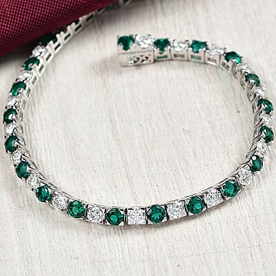 D'Joy Lab Grown Emerald and Moissanite 10.10 ctw Bracelet in Rhodium Over Sterling Silver (7.50 In)