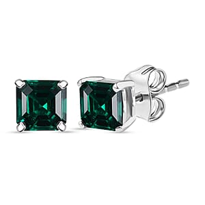 D'Joy Lab Grown Emerald 1.20 ctw Stud Earrings in Rhodium Over Sterling Silver