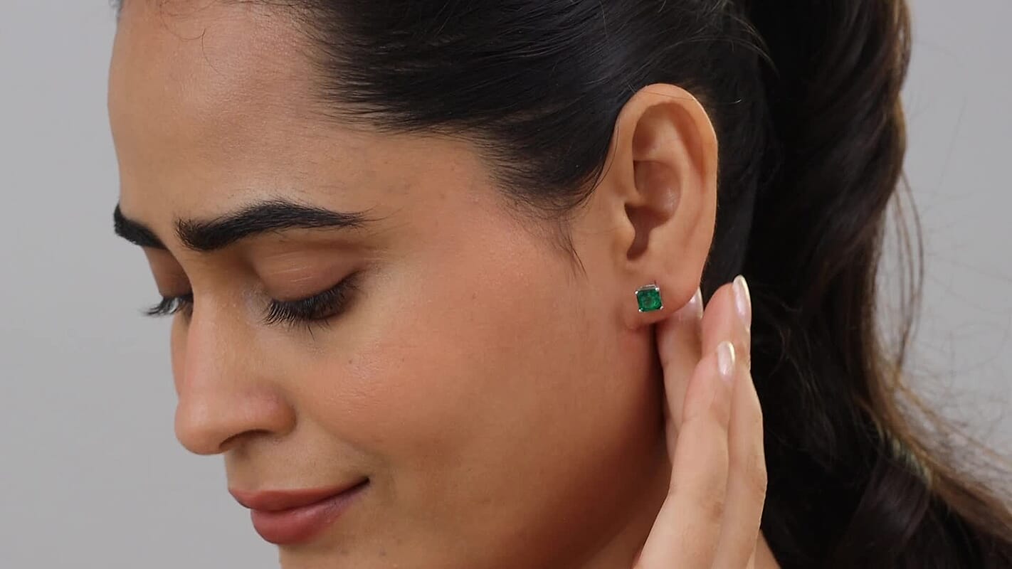 D'Joy Lab Grown Emerald 1.20 ctw Stud Earrings in Rhodium Over Sterling Silver
