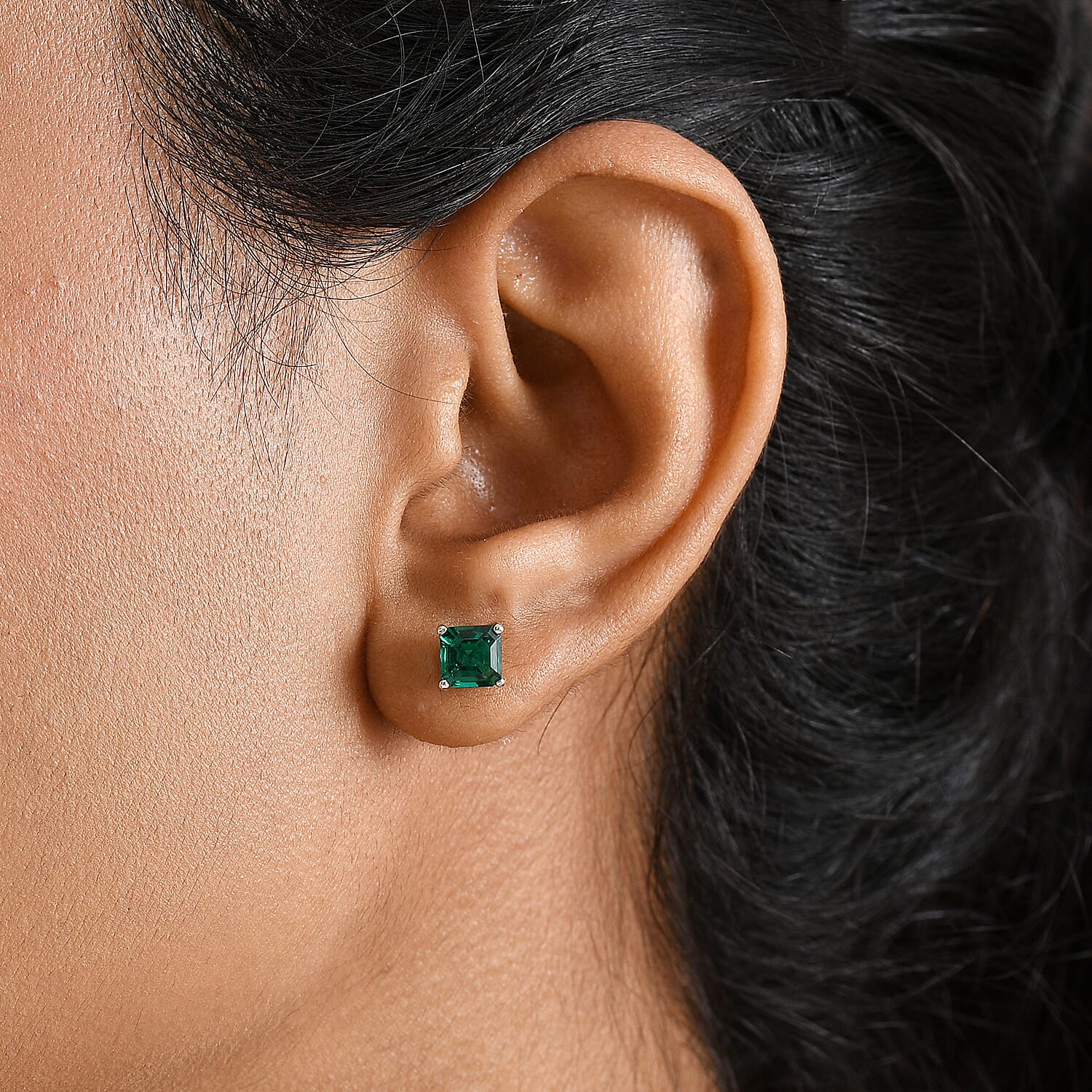 D'Joy Lab Grown Emerald 1.20 ctw Stud Earrings in Rhodium Over Sterling Silver