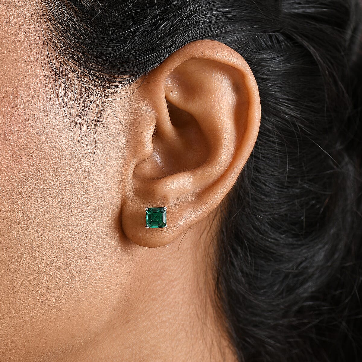 D'Joy Lab Grown Emerald 1.20 ctw Stud Earrings in Rhodium Over Sterling Silver image number 2