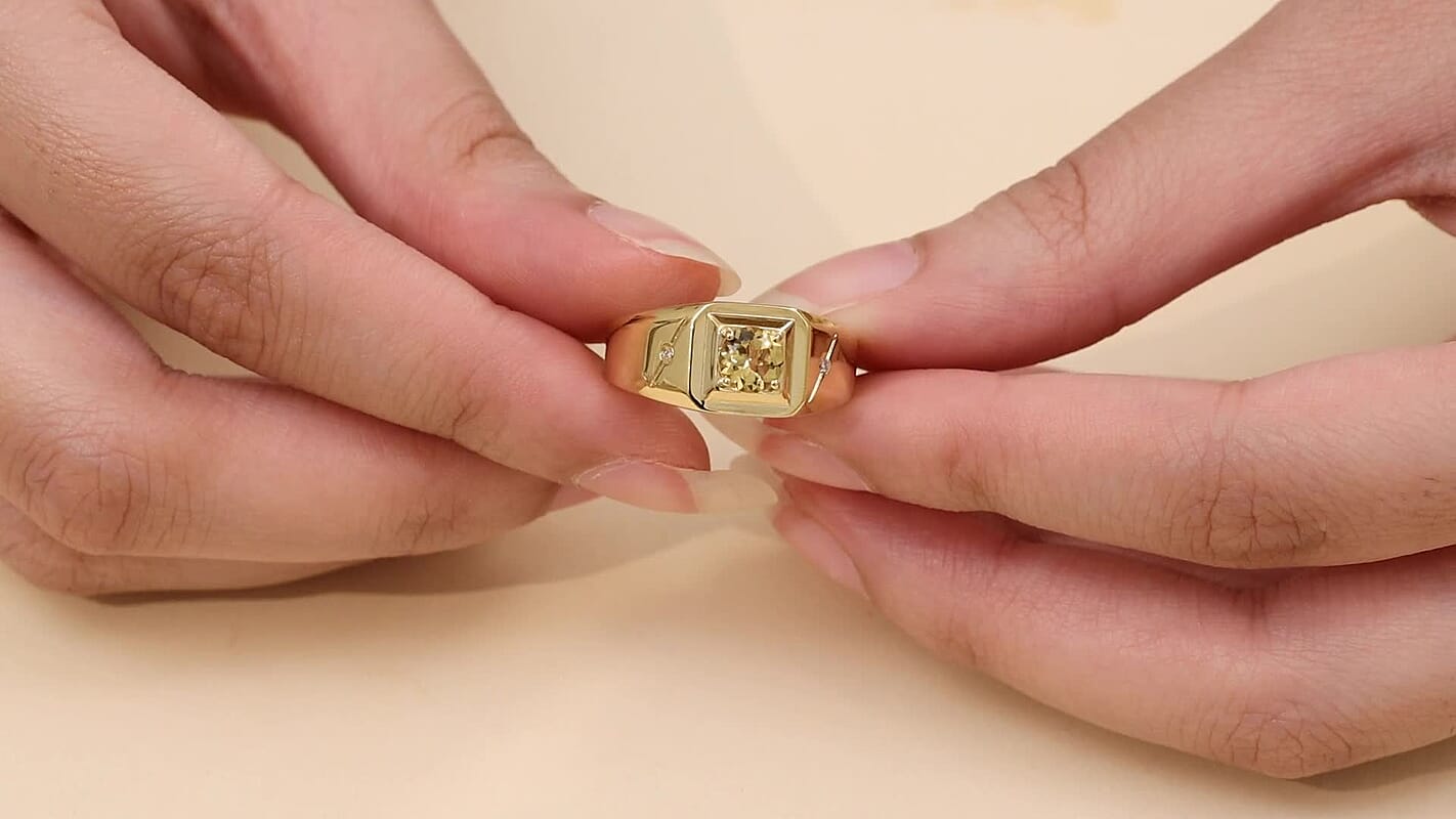 AAA Brazilian Heliodor and G-H SI Luxuriant Lab Grown Diamond 0.80 ctw Men's Ring in 18K Vermeil Yellow Gold Over Sterling Silver (Size 10.0)