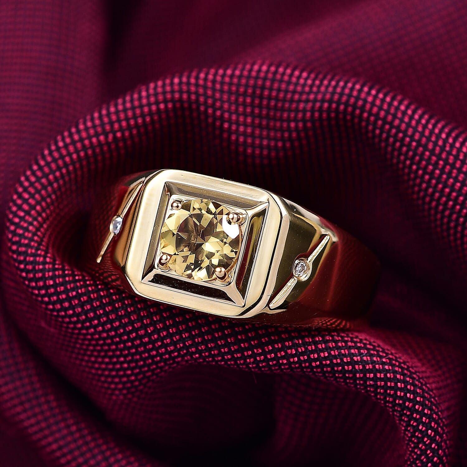 AAA Brazilian Heliodor and G-H SI Luxuriant Lab Grown Diamond 0.80 ctw Art Deco Men's Ring in 18K Vermeil Yellow Gold Over Sterling Silver (Size 10.0)
