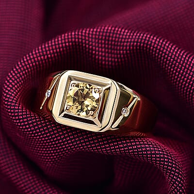 AAA Brazilian Heliodor and G-H SI Luxuriant Lab Grown Diamond 0.80 ctw Art Deco Men's Ring in 18K Vermeil Yellow Gold Over Sterling Silver (Size 10.0)