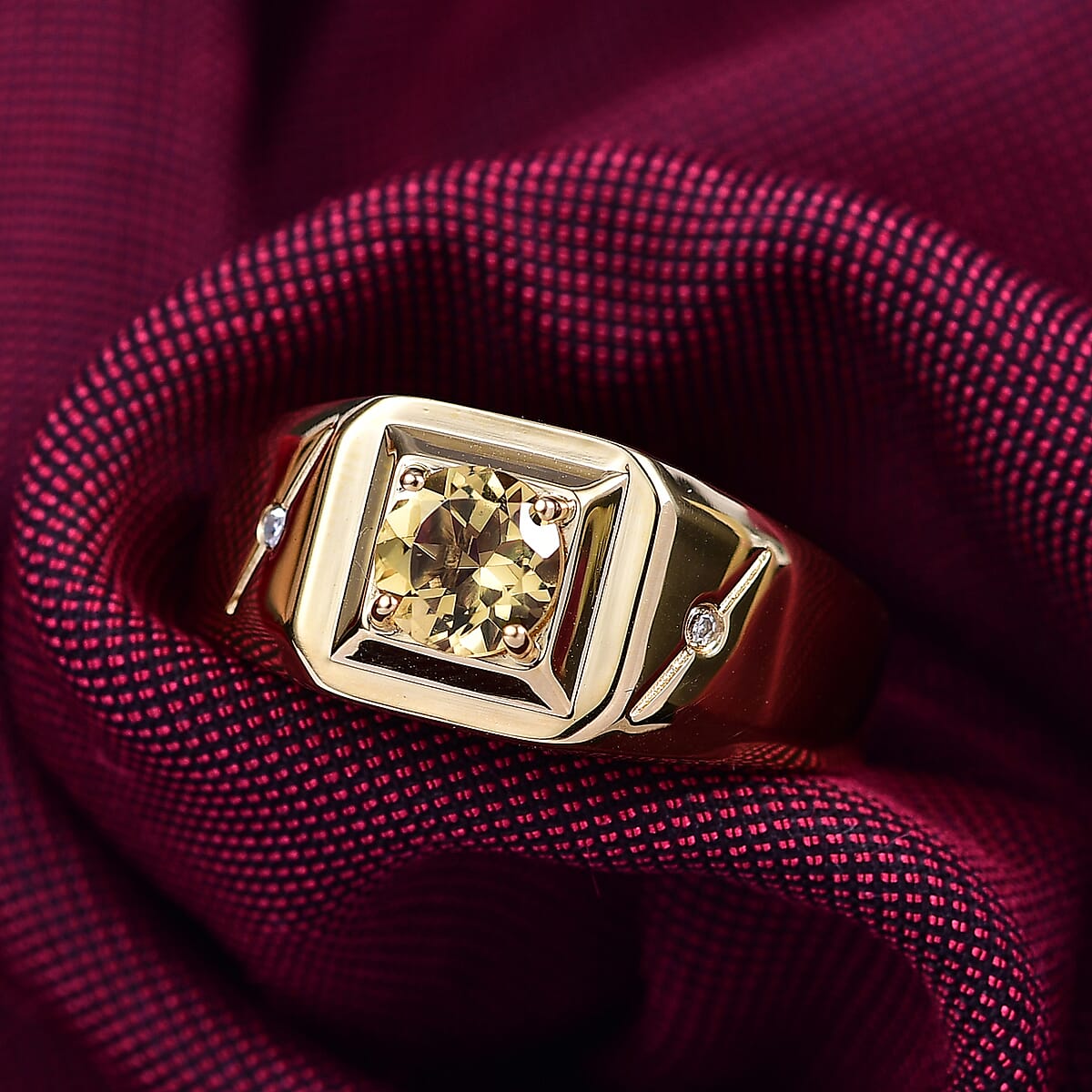 AAA Brazilian Heliodor and G-H SI Luxuriant Lab Grown Diamond 0.80 ctw Art Deco Men's Ring in 18K Vermeil Yellow Gold Over Sterling Silver (Size 11.0) image number 1