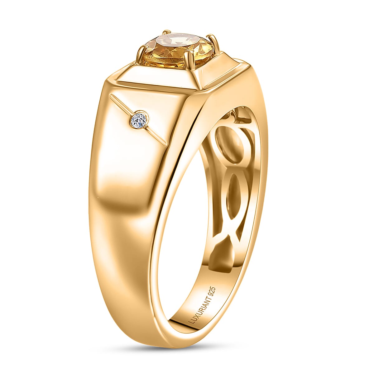 AAA Brazilian Heliodor and G-H SI Luxuriant Lab Grown Diamond 0.80 ctw Art Deco Men's Ring in 18K Vermeil Yellow Gold Over Sterling Silver (Size 11.0) image number 3