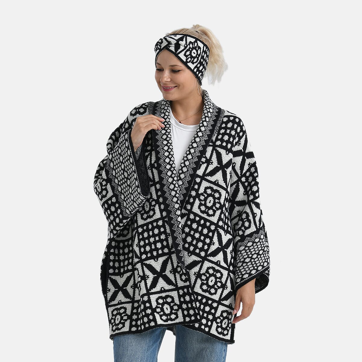 TAMSY Black & White Tile Jacquard Knot Headband image number 1