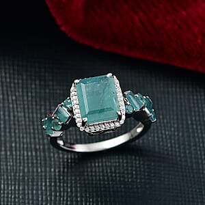 D'Joy Premium Grandidierite and Moissanite 4.60 ctw Art Deco Ring in Rhodium Over Sterling Silver (Size 8.0)