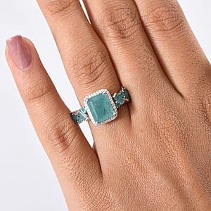 D'Joy Premium Grandidierite and Moissanite 4.60 ctw Art Deco Ring in Rhodium Over Sterling Silver (Size 8.0)