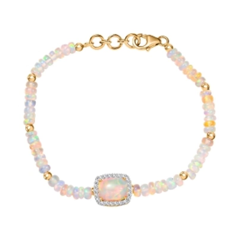 Ethiopian Welo Opal and White Zircon Beaded 20.32 ctw Bracelet in Vermeil Yellow Gold Over Sterling Silver (7.00 In)